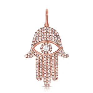 14K Rose Diamond Evil Eye X-Large Hamsa Pendant