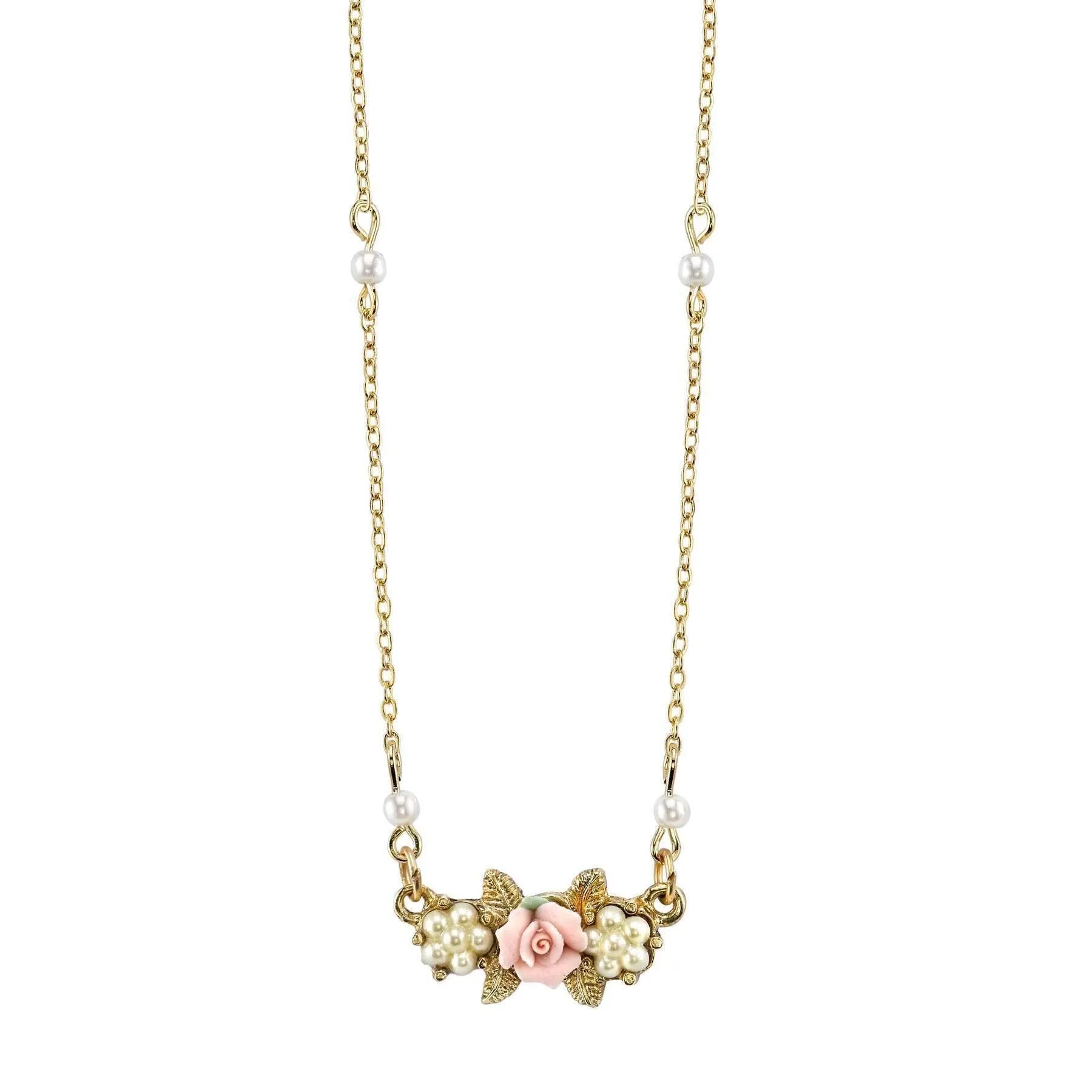 1928 Jewelry Faux Pearl Pink Porcelain Rose Pendant Necklace 16"   3" Extender