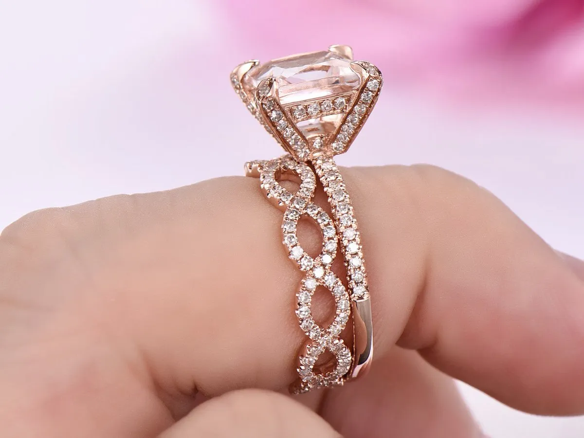 2.3ct Princess Morganite Hidden Halo Diamond Infinite Love Bridal Set