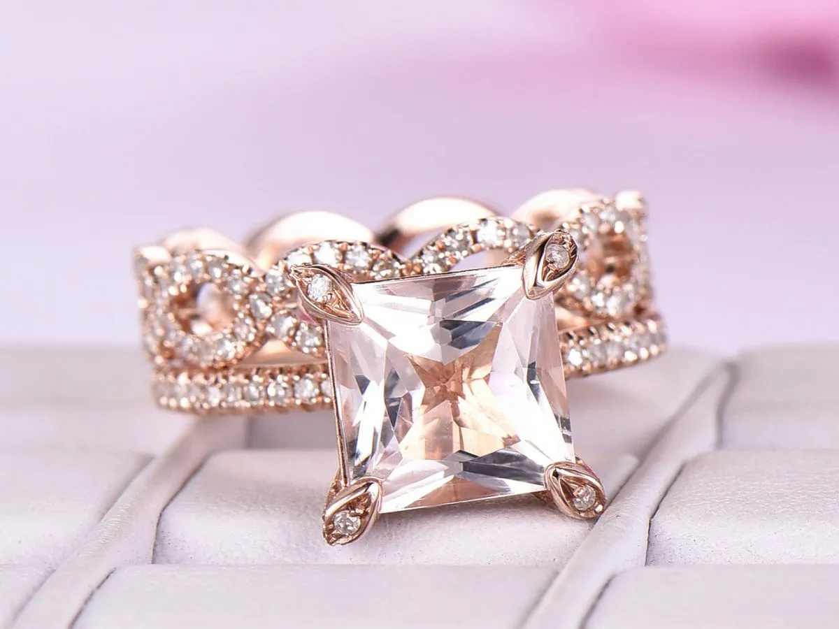 2.3ct Princess Morganite Hidden Halo Diamond Infinite Love Bridal Set