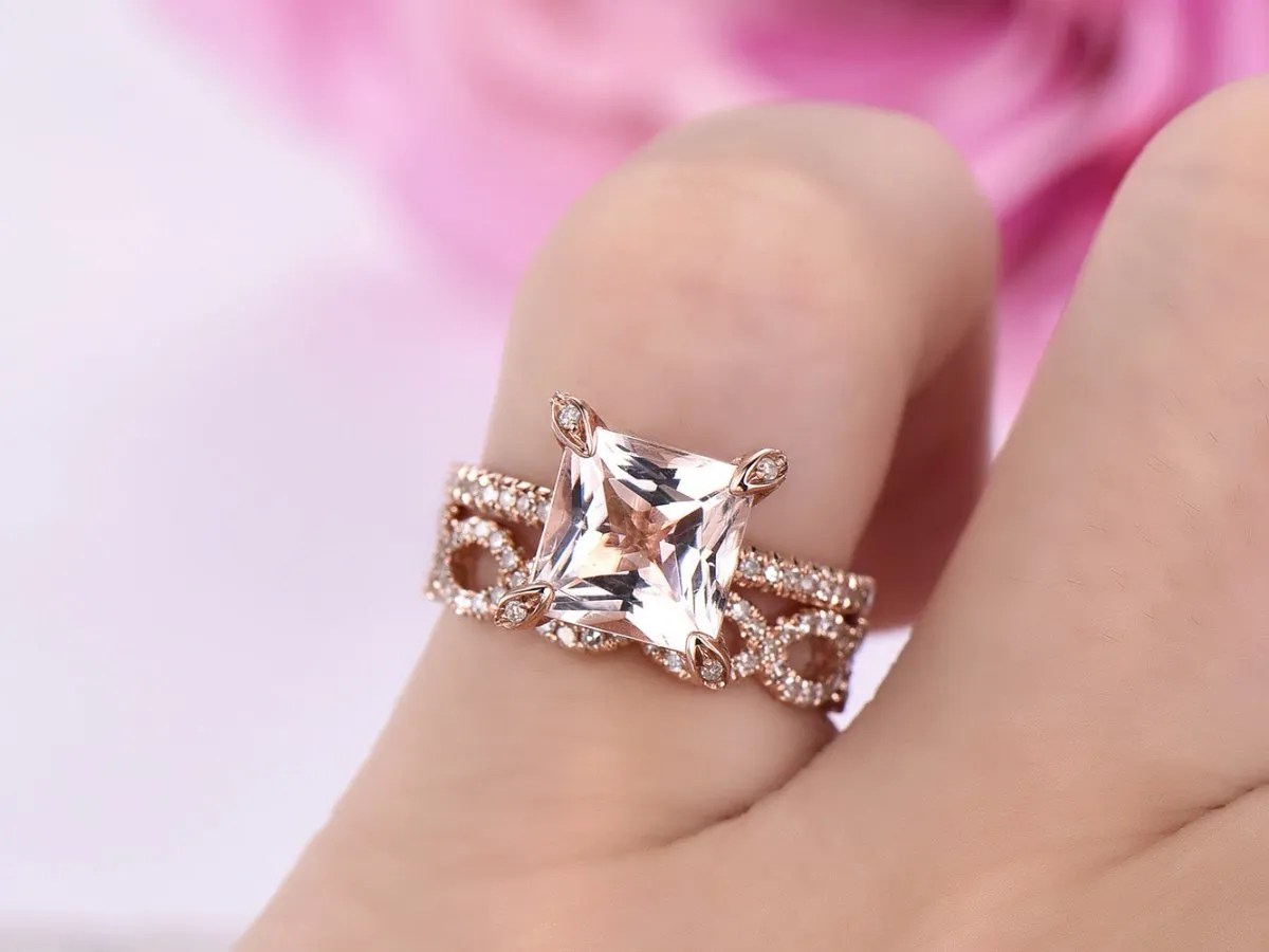 2.3ct Princess Morganite Hidden Halo Diamond Infinite Love Bridal Set