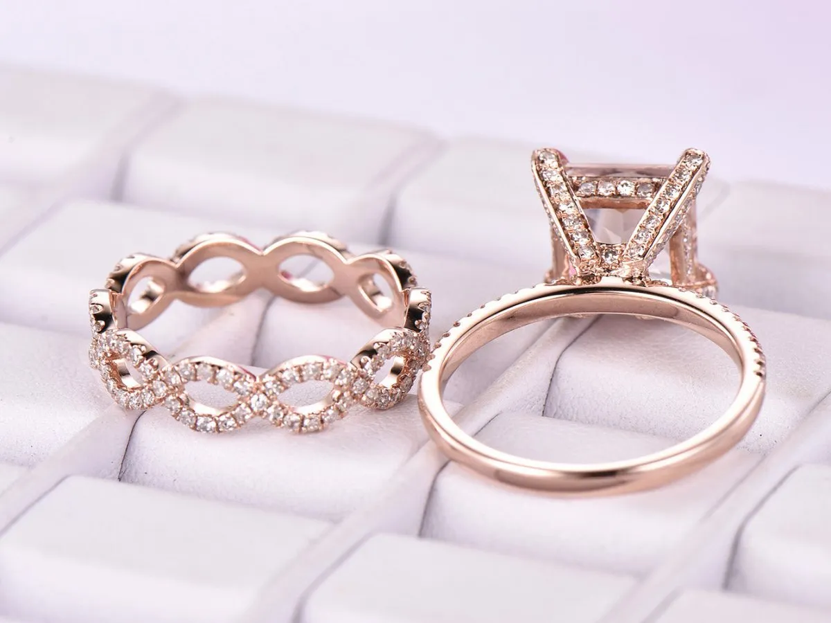2.3ct Princess Morganite Hidden Halo Diamond Infinite Love Bridal Set