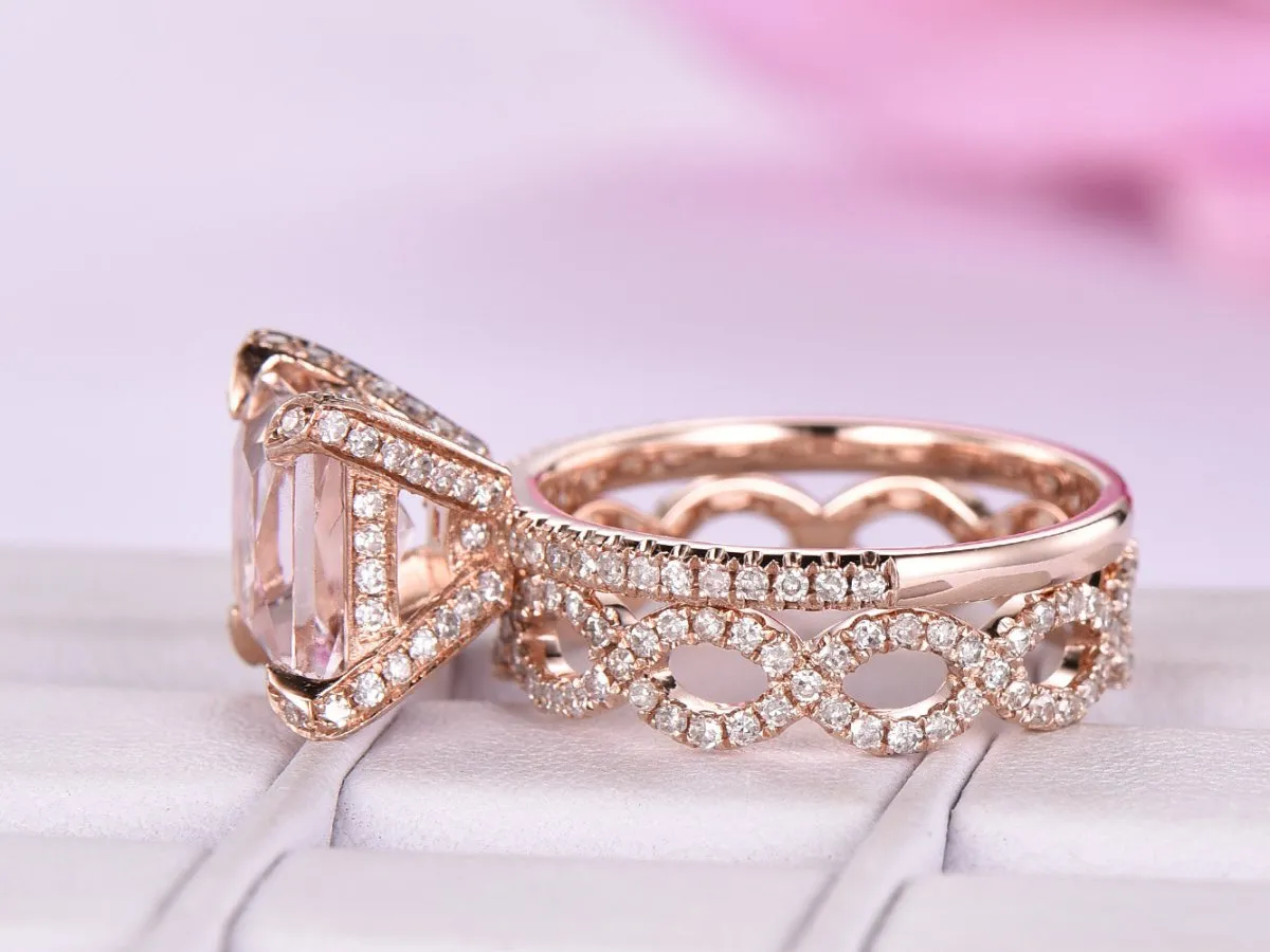2.3ct Princess Morganite Hidden Halo Diamond Infinite Love Bridal Set