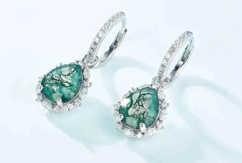 925 Silver 8*10mm Natural Moss Agate Earrings