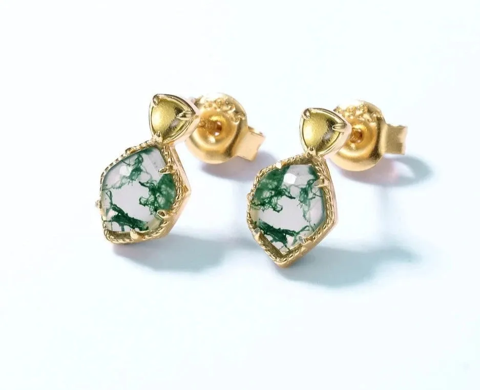 925 Silver Dangle Green Moss Agate Earrings