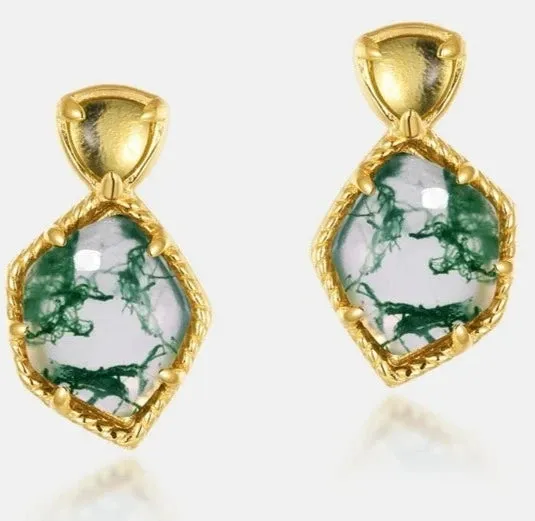 925 Silver Dangle Green Moss Agate Earrings