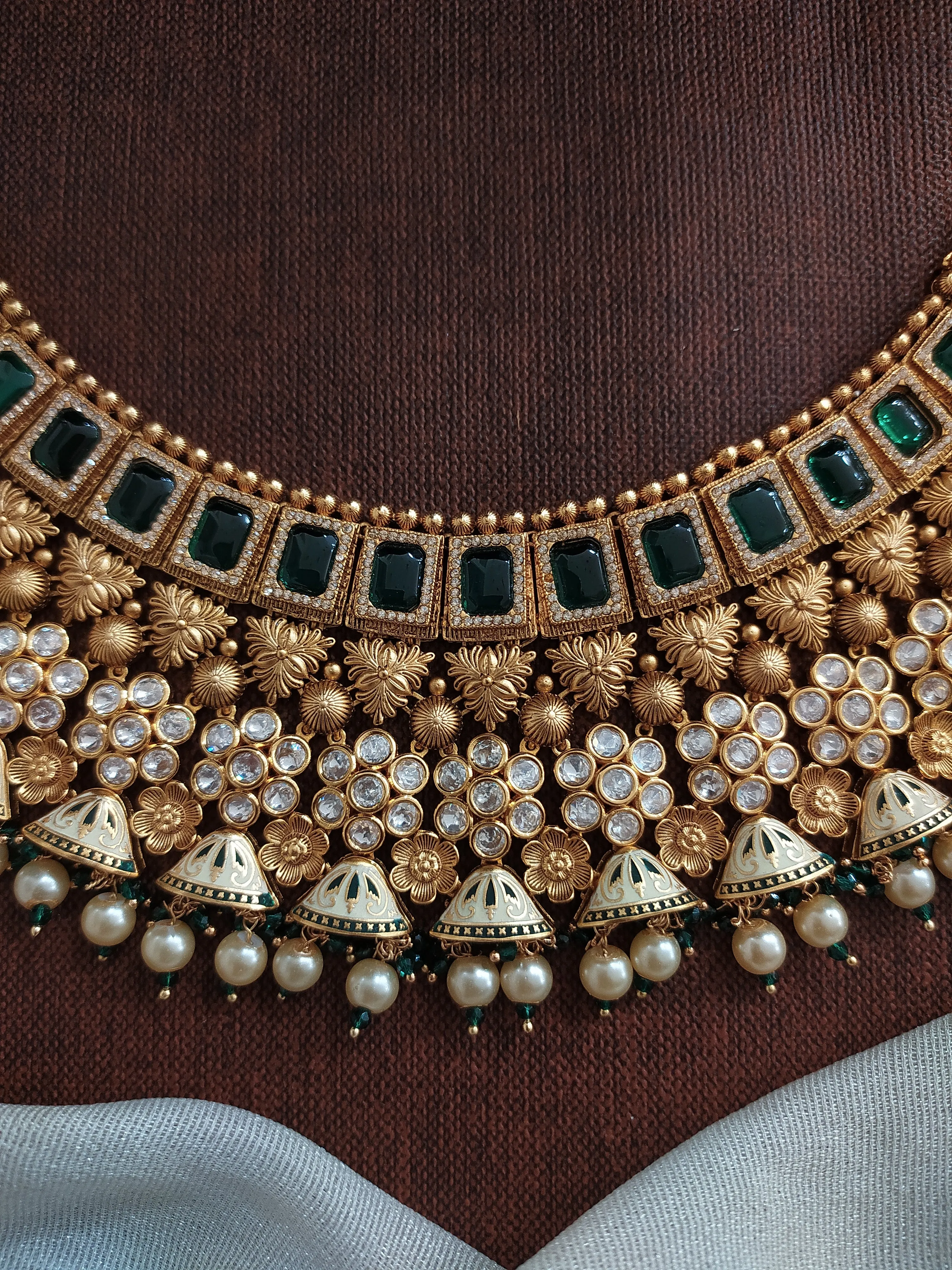 Antique Kundan Bridal Choker Set – Floral Design in Green and Baby Pink