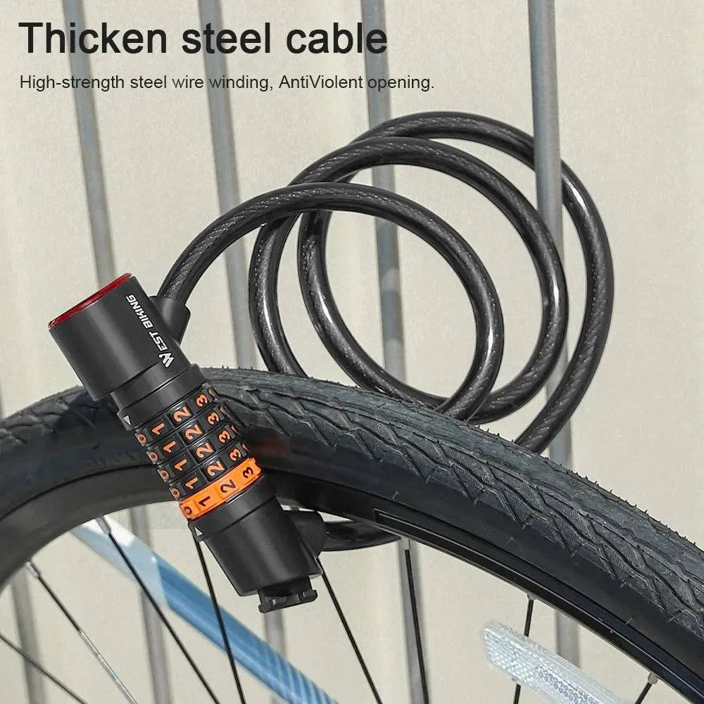 Bicycle Safety Lock Bike Motorcycle AntiTheft Elasticity Lock 5 Digits Combination Password Bike Steel Cable Lock with Taillight