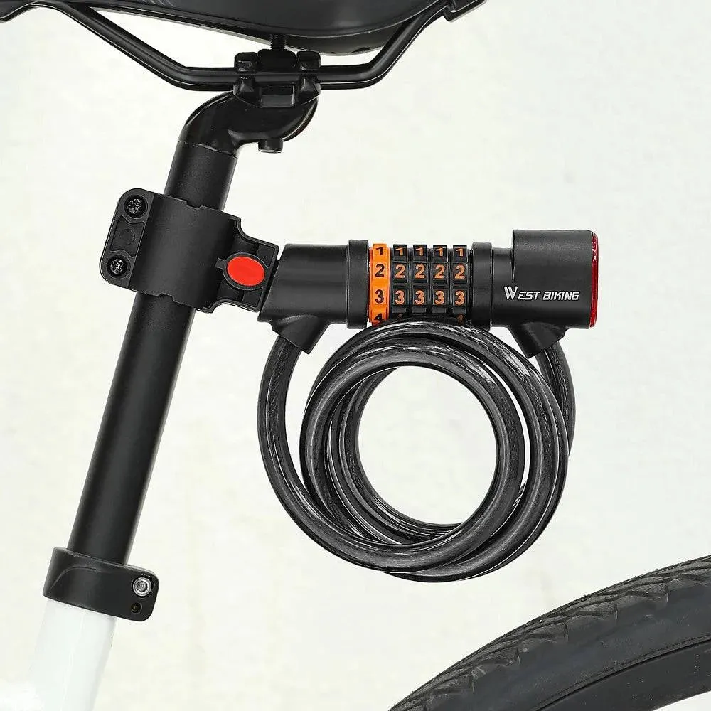 Bicycle Safety Lock Bike Motorcycle AntiTheft Elasticity Lock 5 Digits Combination Password Bike Steel Cable Lock with Taillight
