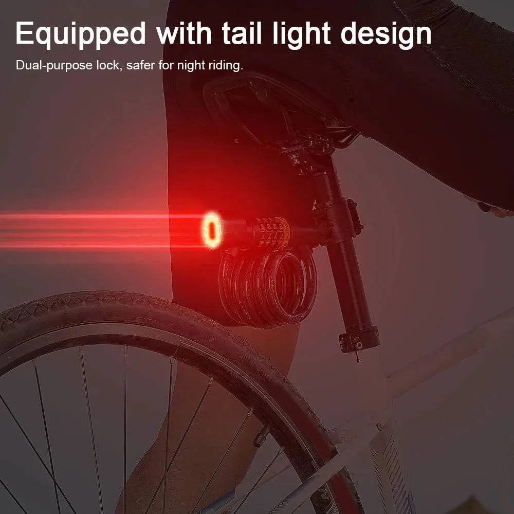 Bicycle Safety Lock Bike Motorcycle AntiTheft Elasticity Lock 5 Digits Combination Password Bike Steel Cable Lock with Taillight