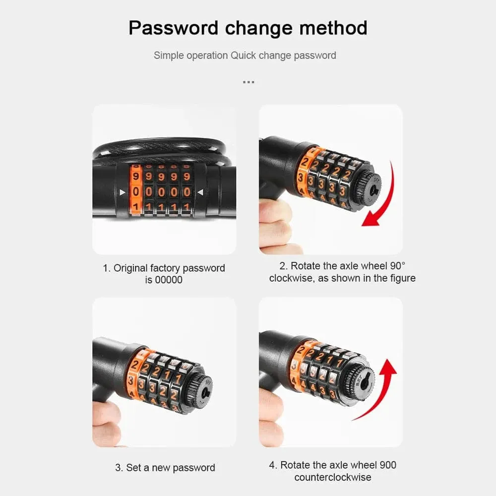 Bicycle Safety Lock Bike Motorcycle AntiTheft Elasticity Lock 5 Digits Combination Password Bike Steel Cable Lock with Taillight