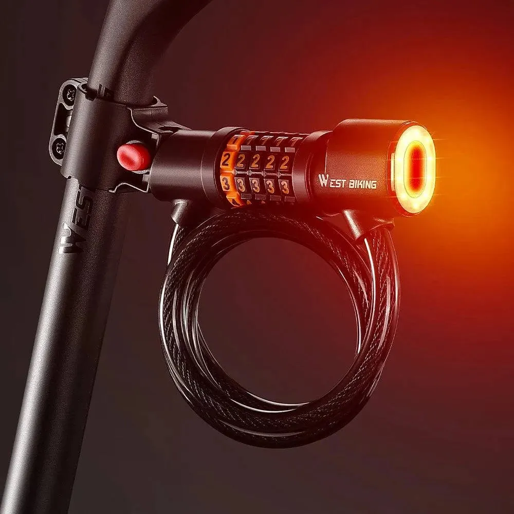 Bicycle Safety Lock Bike Motorcycle AntiTheft Elasticity Lock 5 Digits Combination Password Bike Steel Cable Lock with Taillight