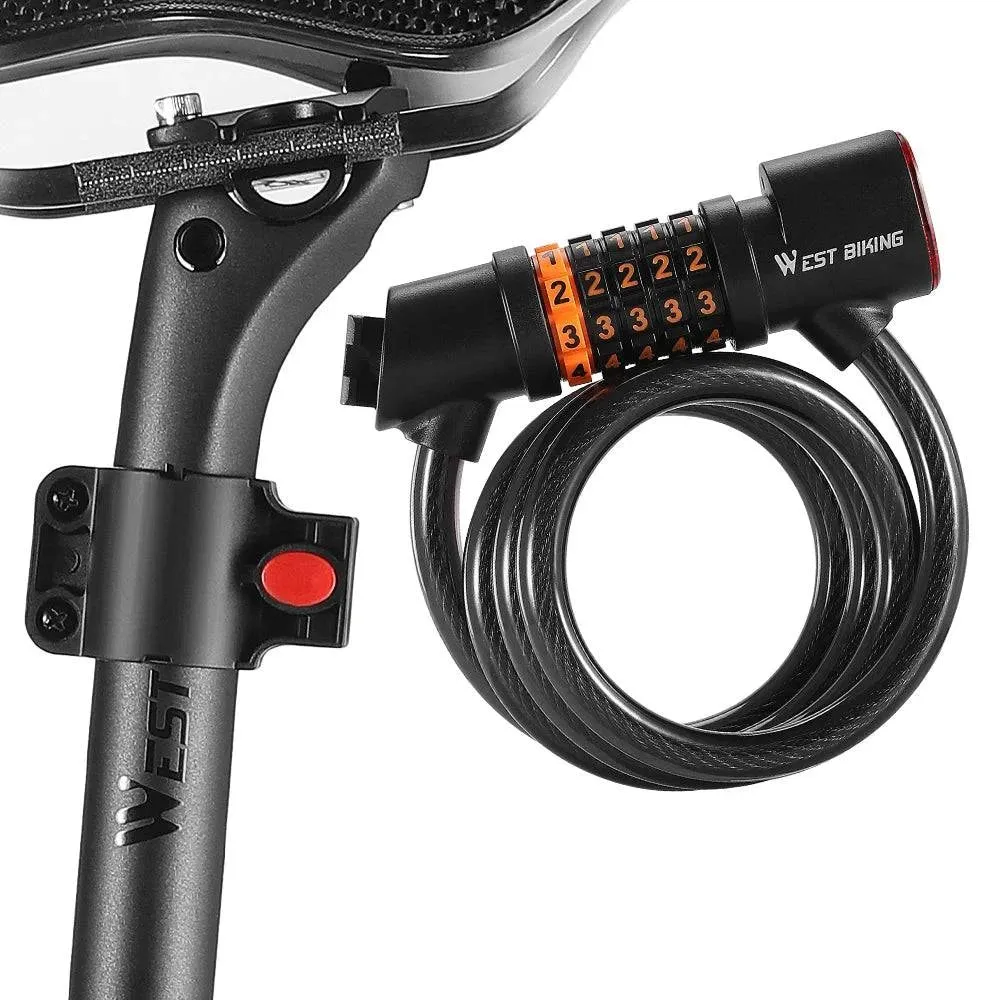 Bicycle Safety Lock Bike Motorcycle AntiTheft Elasticity Lock 5 Digits Combination Password Bike Steel Cable Lock with Taillight
