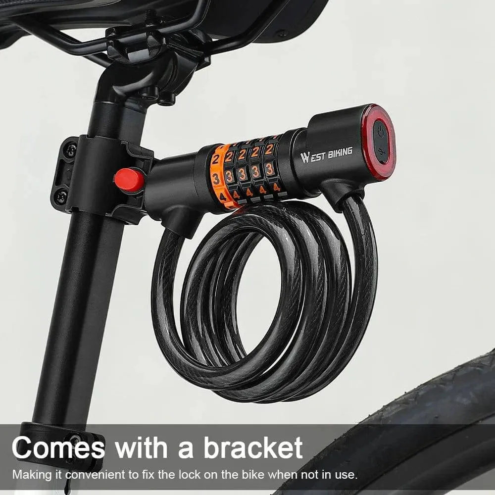 Bicycle Safety Lock Bike Motorcycle AntiTheft Elasticity Lock 5 Digits Combination Password Bike Steel Cable Lock with Taillight