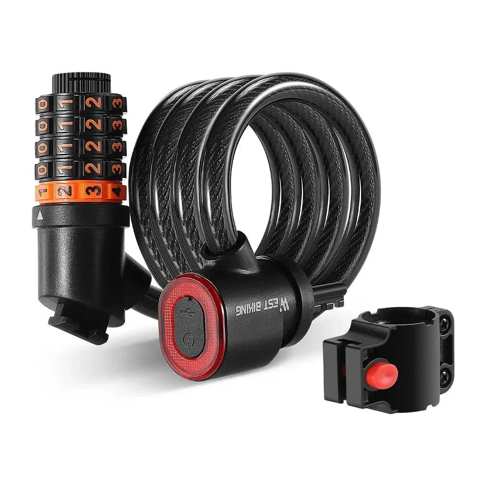 Bicycle Safety Lock Bike Motorcycle AntiTheft Elasticity Lock 5 Digits Combination Password Bike Steel Cable Lock with Taillight