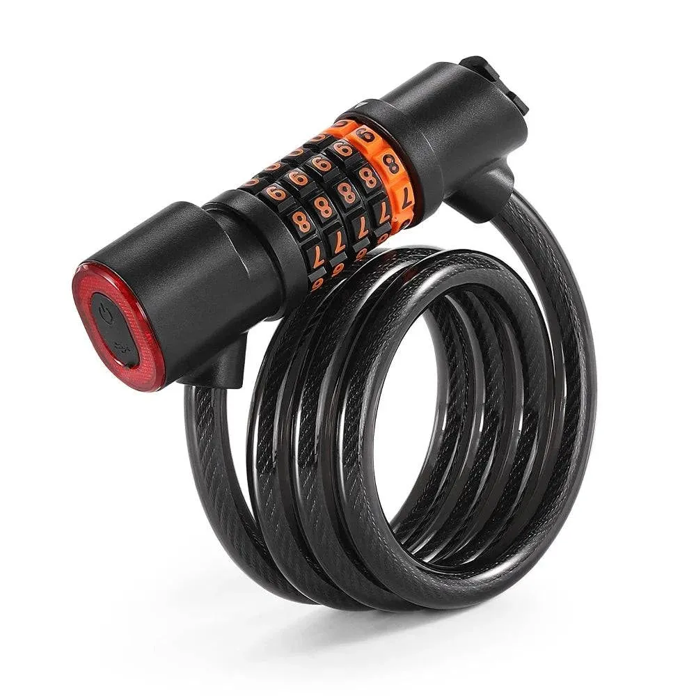 Bicycle Safety Lock Bike Motorcycle AntiTheft Elasticity Lock 5 Digits Combination Password Bike Steel Cable Lock with Taillight