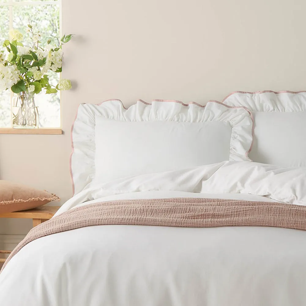 Blousey Ruffled Cotton Pillowcase Pair Pink