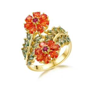 Colorful Natural Tourmaline & Orange Corundum Flower Ring