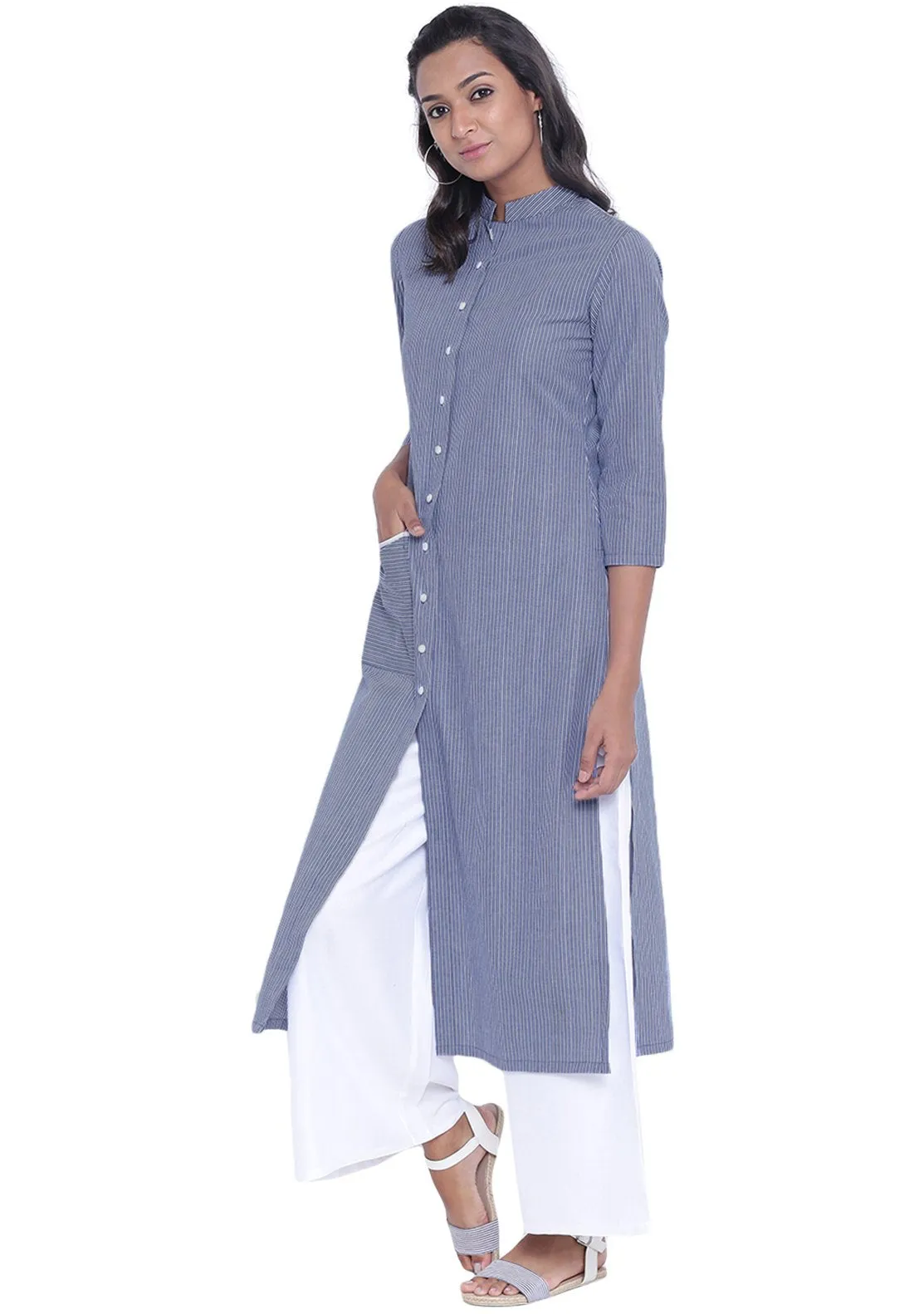 Cotton Stripe Pocket Button-down Kurta Set
