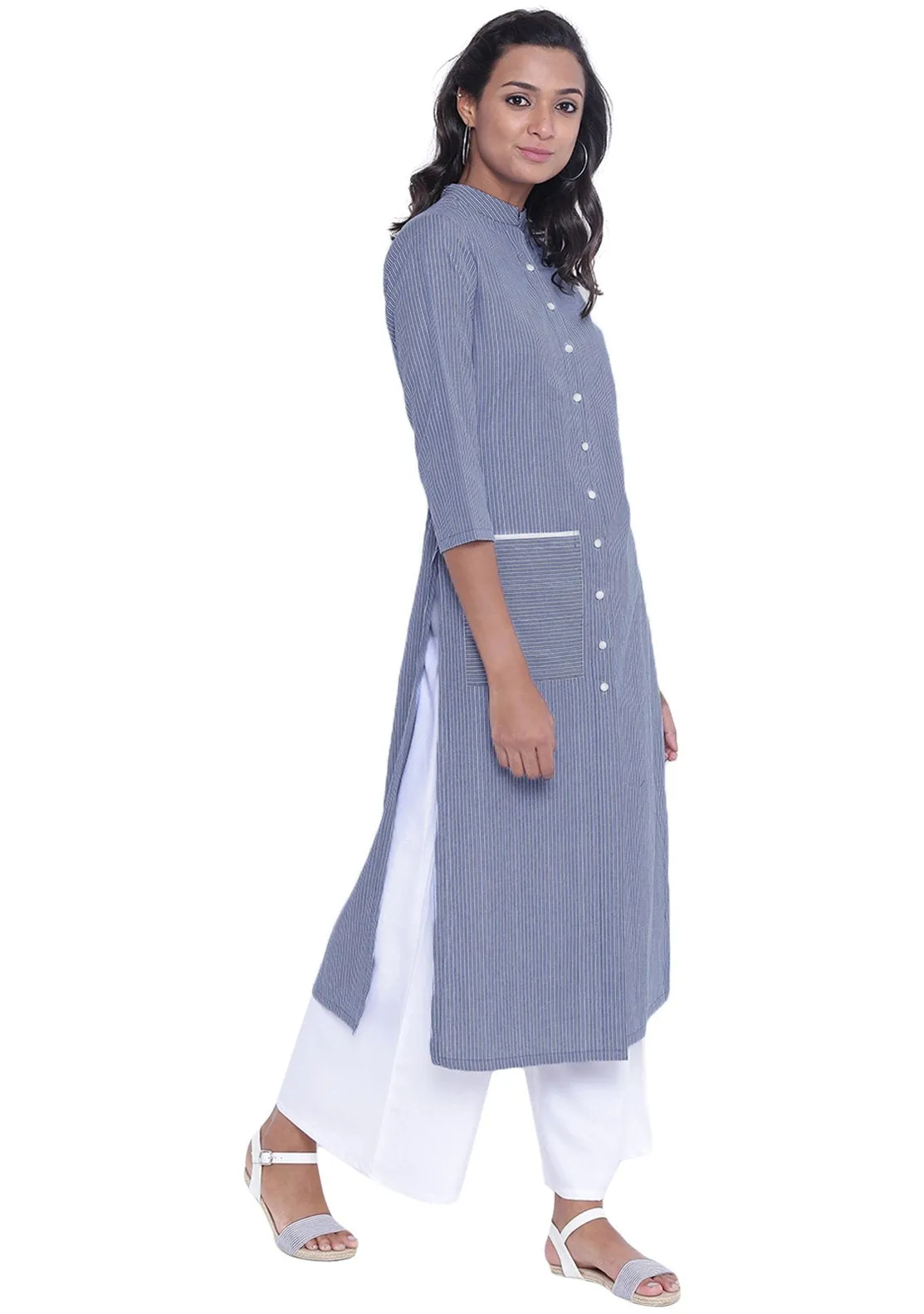 Cotton Stripe Pocket Button-down Kurta Set