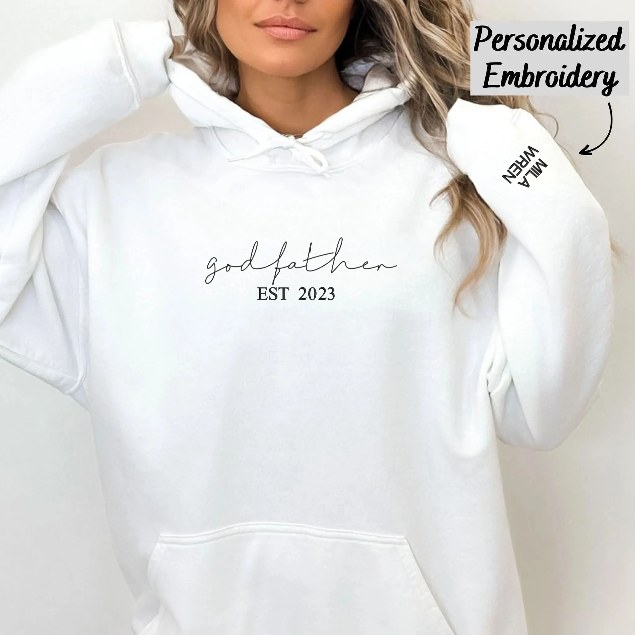 Custom God Father EST Hoodie With Kids Name On Sleeve, Best Godfather Gifts From Godson