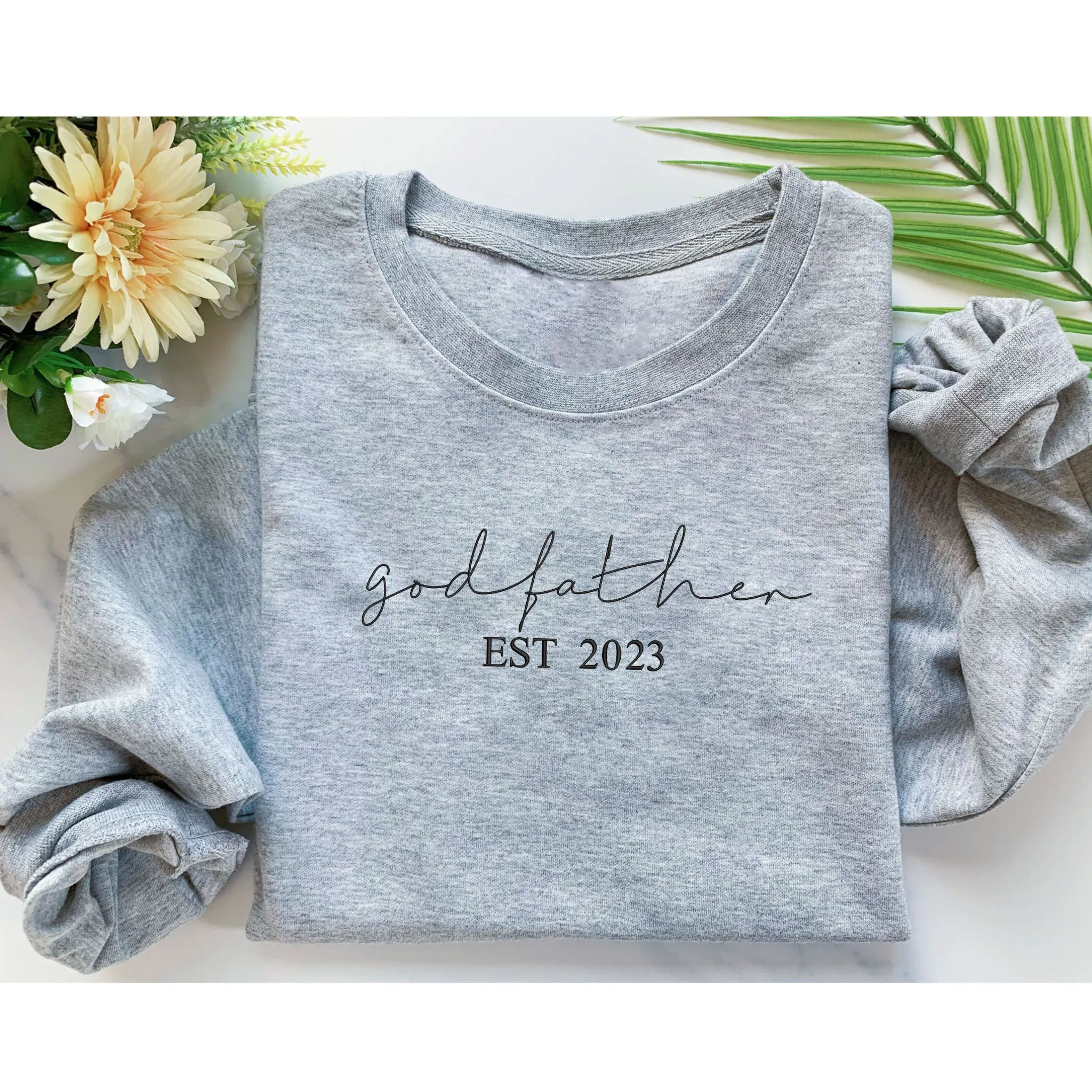 Custom God Father EST Sweatshirt With Kids Name On Sleeve, Best Godfather Gifts From Godson