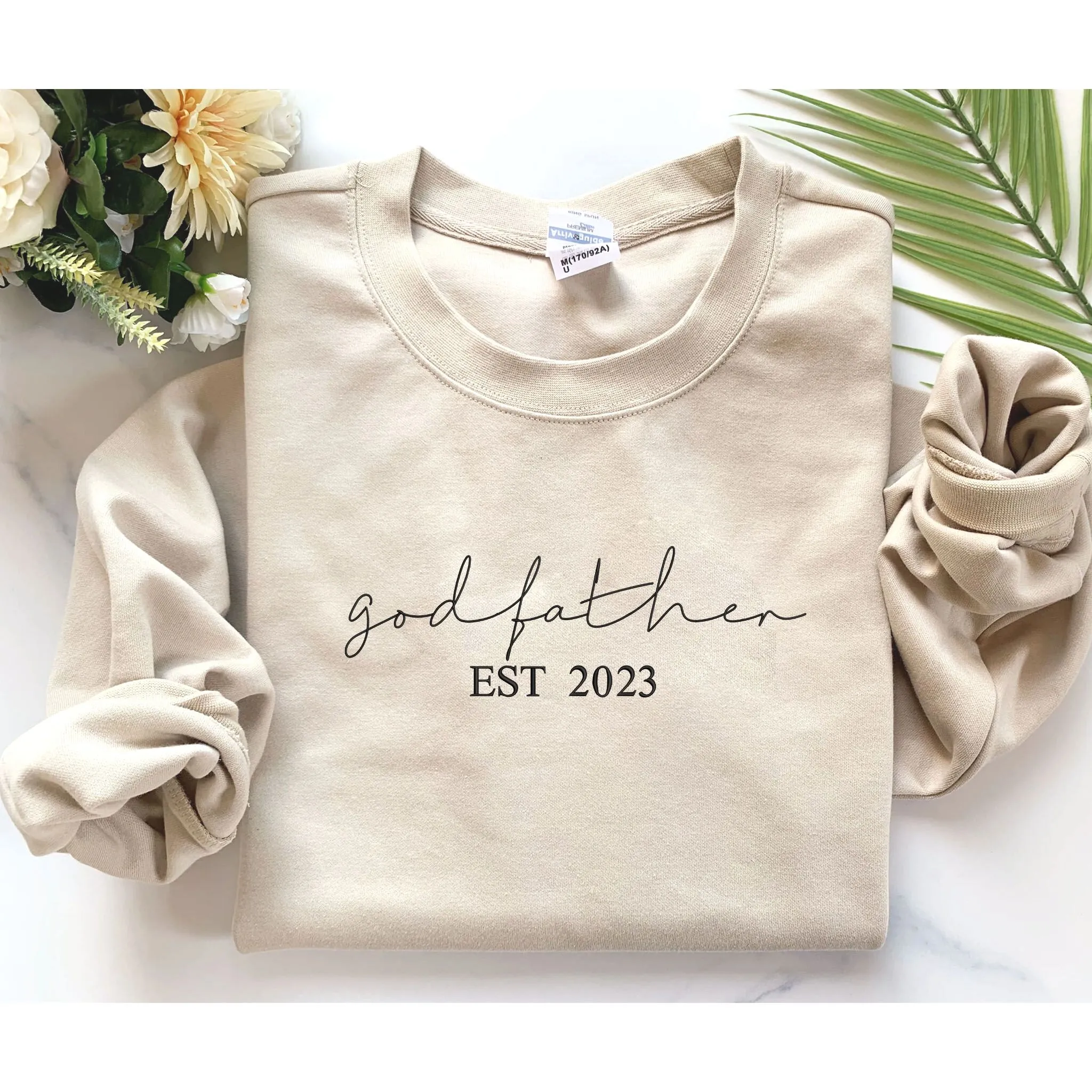 Custom God Father EST Sweatshirt With Kids Name On Sleeve, Best Godfather Gifts From Godson