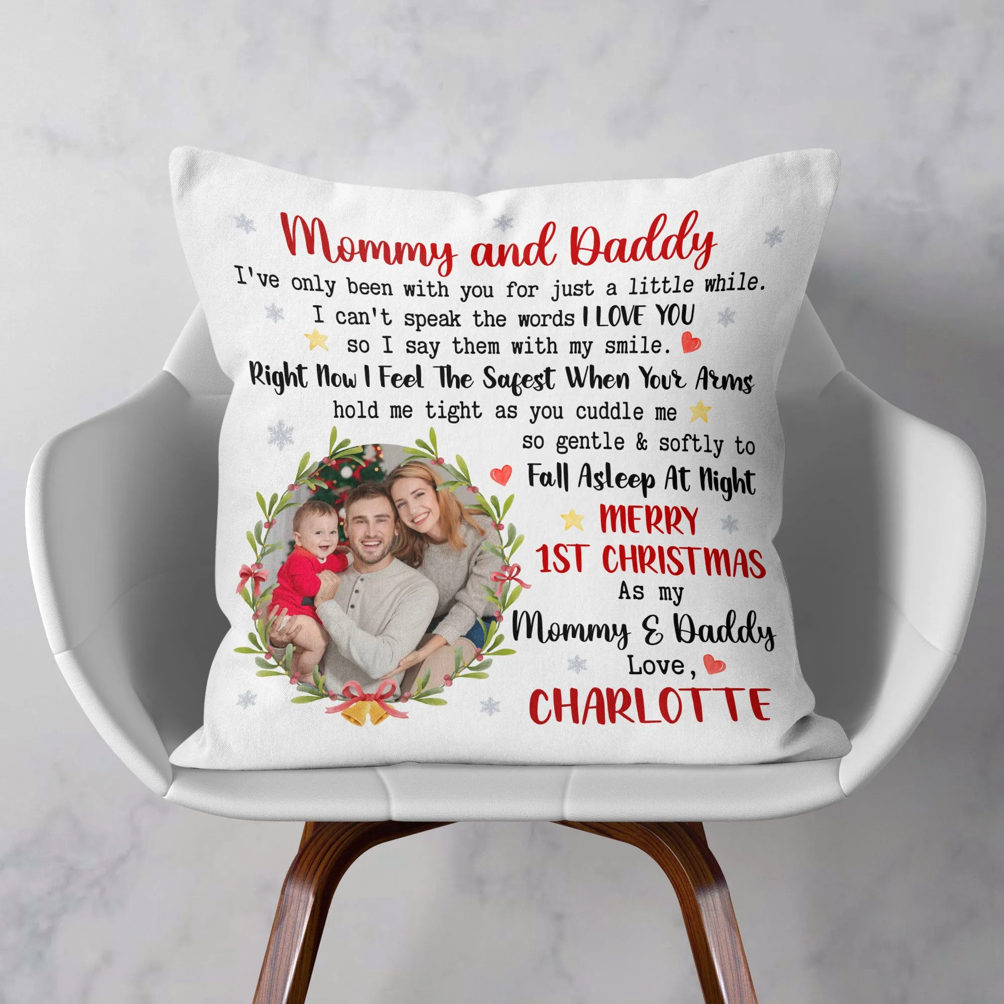 Daddy Mommy First Christmas With Newborn Baby - Personalized Photo Pillow (Insert Included)