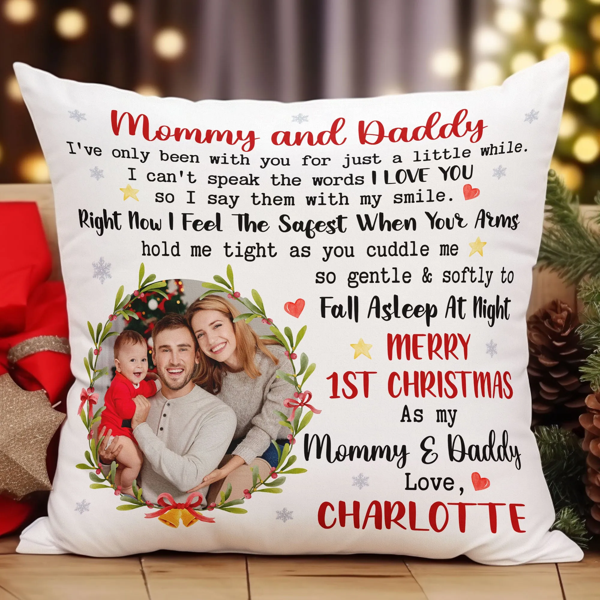 Daddy Mommy First Christmas With Newborn Baby - Personalized Photo Pillow (Insert Included)