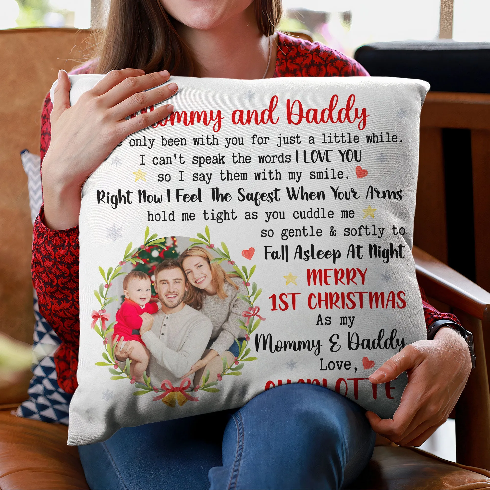 Daddy Mommy First Christmas With Newborn Baby - Personalized Photo Pillow (Insert Included)