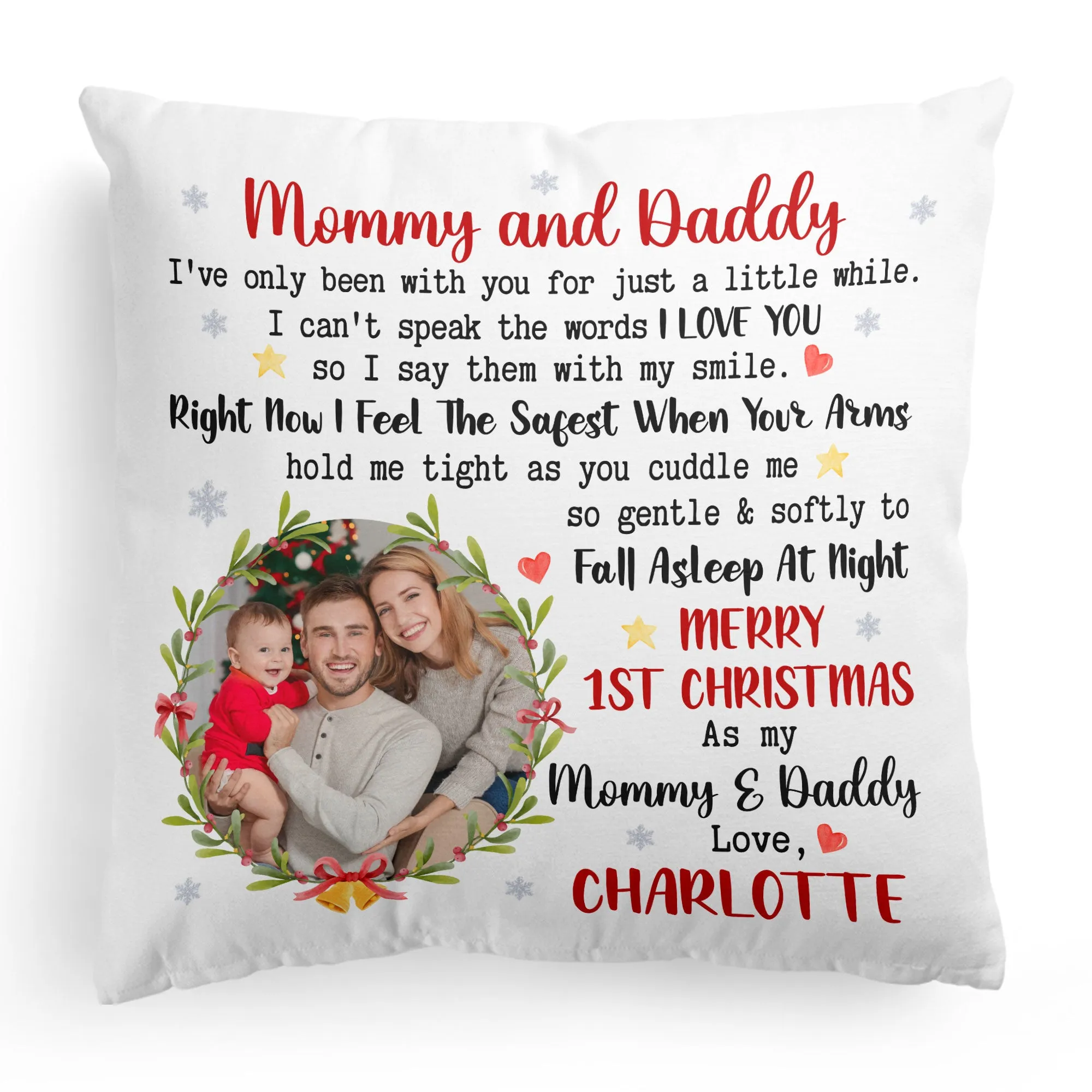 Daddy Mommy First Christmas With Newborn Baby - Personalized Photo Pillow (Insert Included)