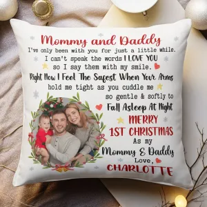 Daddy Mommy First Christmas With Newborn Baby - Personalized Photo Pillow (Insert Included)