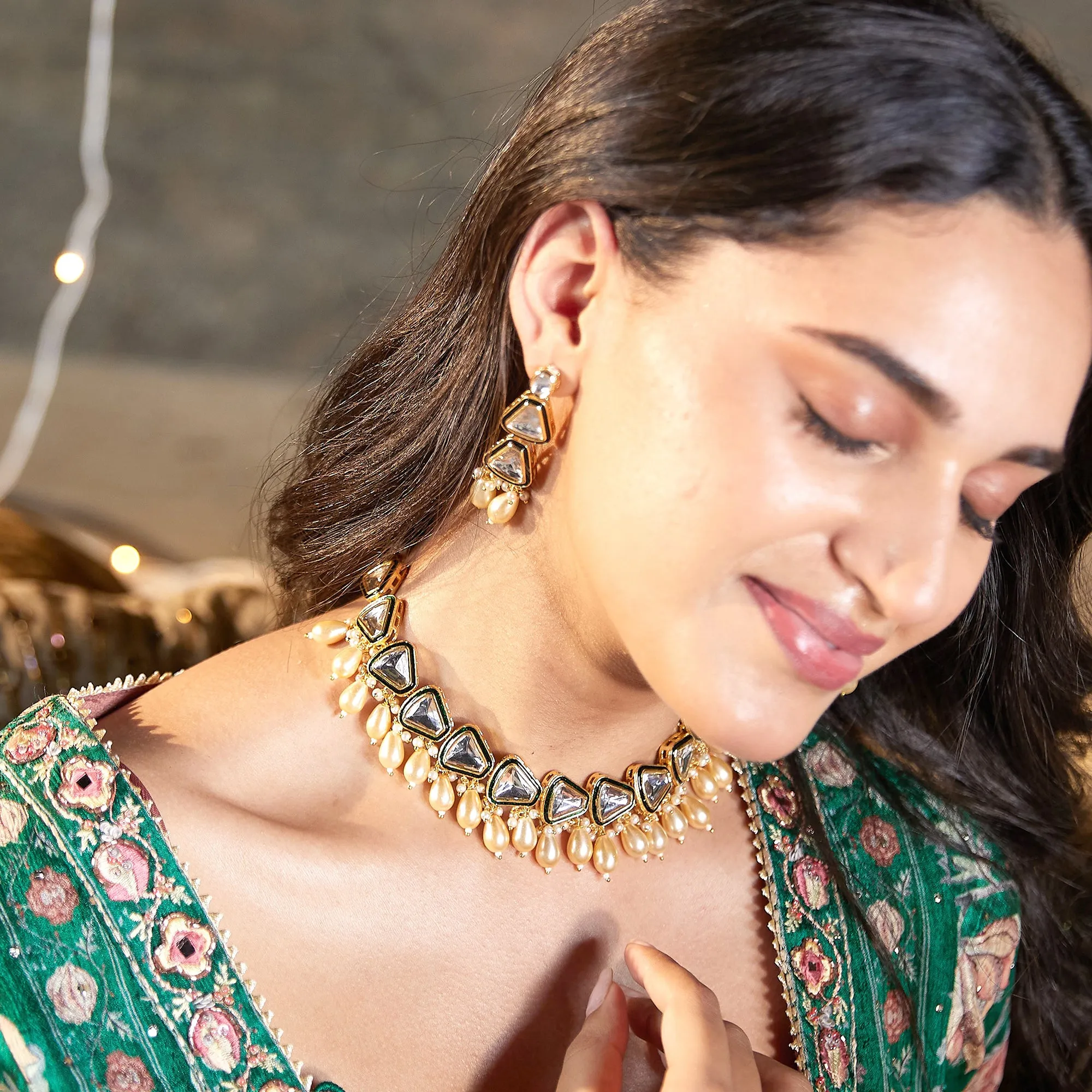 Estele Gold Plated Vintage-Inspired Polki Kundan Necklace Set with Earrings and Pearl drops: Timeless Elegance for Modern Women