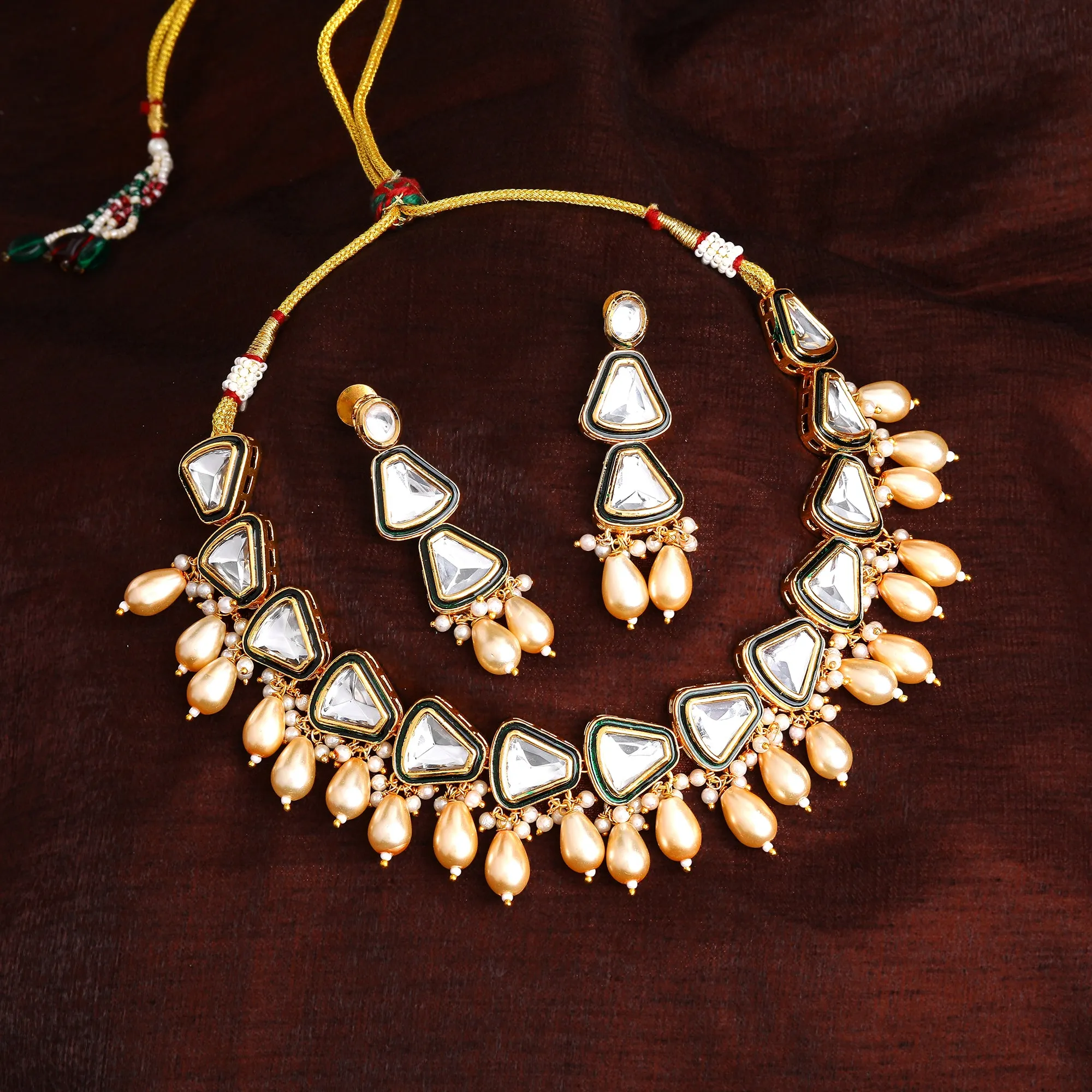 Estele Gold Plated Vintage-Inspired Polki Kundan Necklace Set with Earrings and Pearl drops: Timeless Elegance for Modern Women