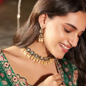 Estele Gold Plated Vintage-Inspired Polki Kundan Necklace Set with Earrings and Pearl drops: Timeless Elegance for Modern Women