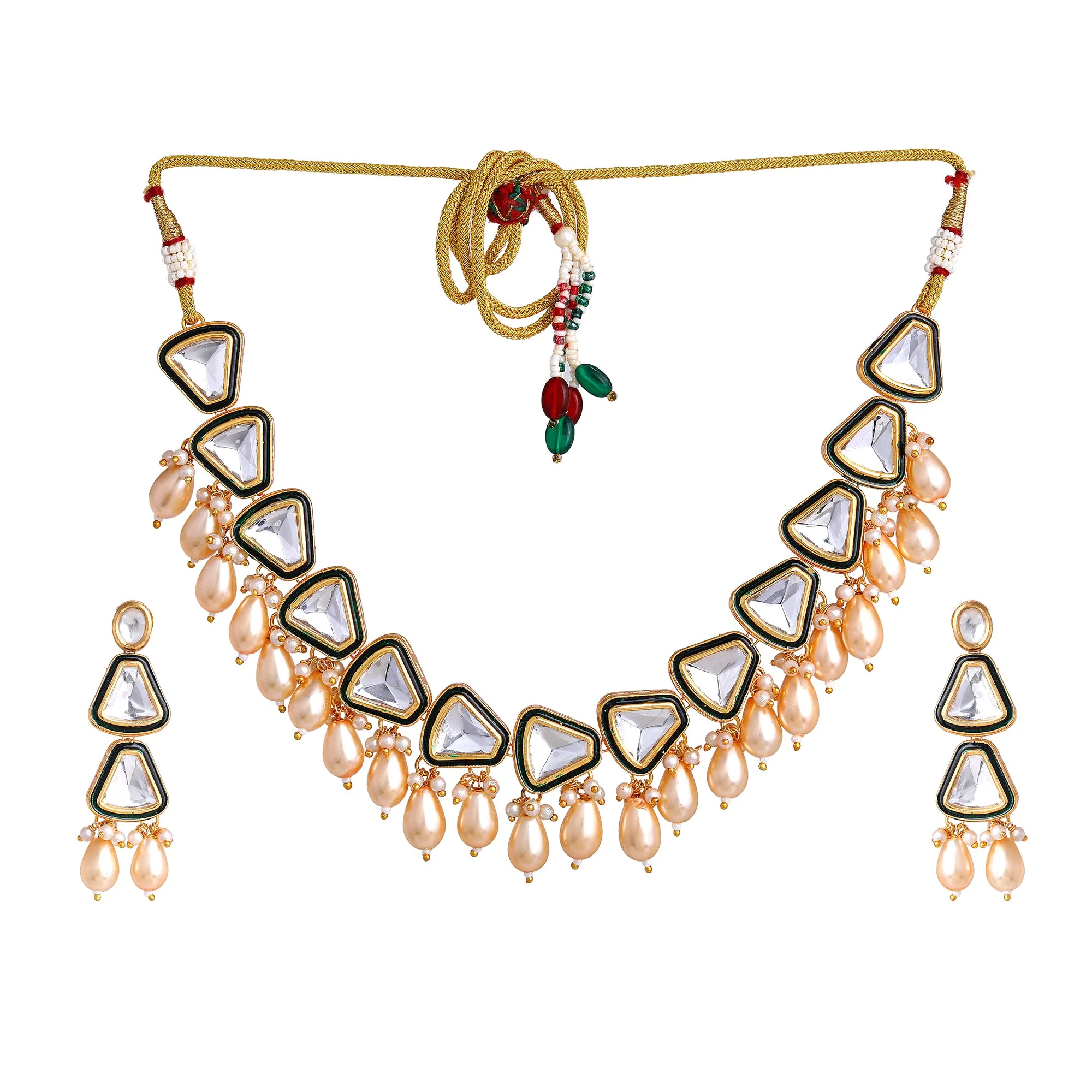 Estele Gold Plated Vintage-Inspired Polki Kundan Necklace Set with Earrings and Pearl drops: Timeless Elegance for Modern Women
