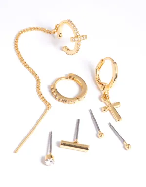 Gold Plated Chain Cross Earring Stack 8-Pack