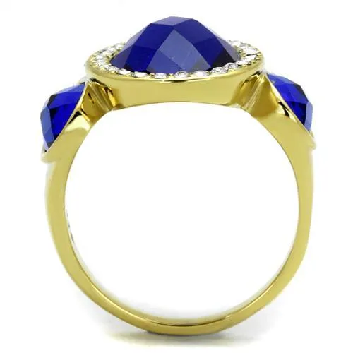 IP Gold(Ion Plating) Stainless Steel Ring with Synthetic Synthetic Glass in Sapphire for Women Style TK2495