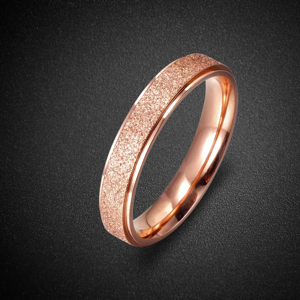 Men Women 4mm Radiant Stainless Steel Sandblast Finish Rose Gold Ring Engagement Wedding Sand Blast Band