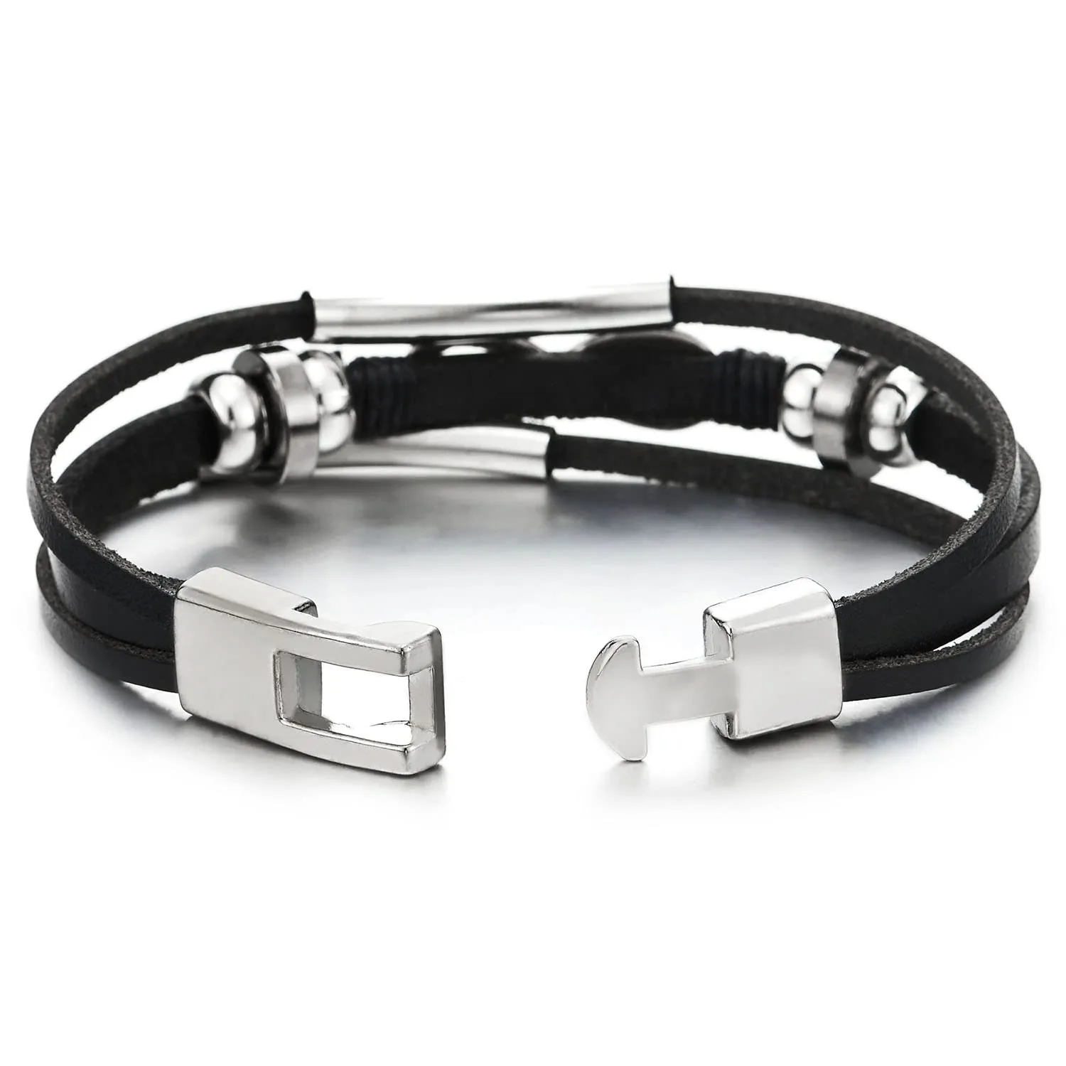 Men Women Infinity Love Number 8 Black Leather Bracelet Three-Row Leather Wristband Bead Tunnel Charm