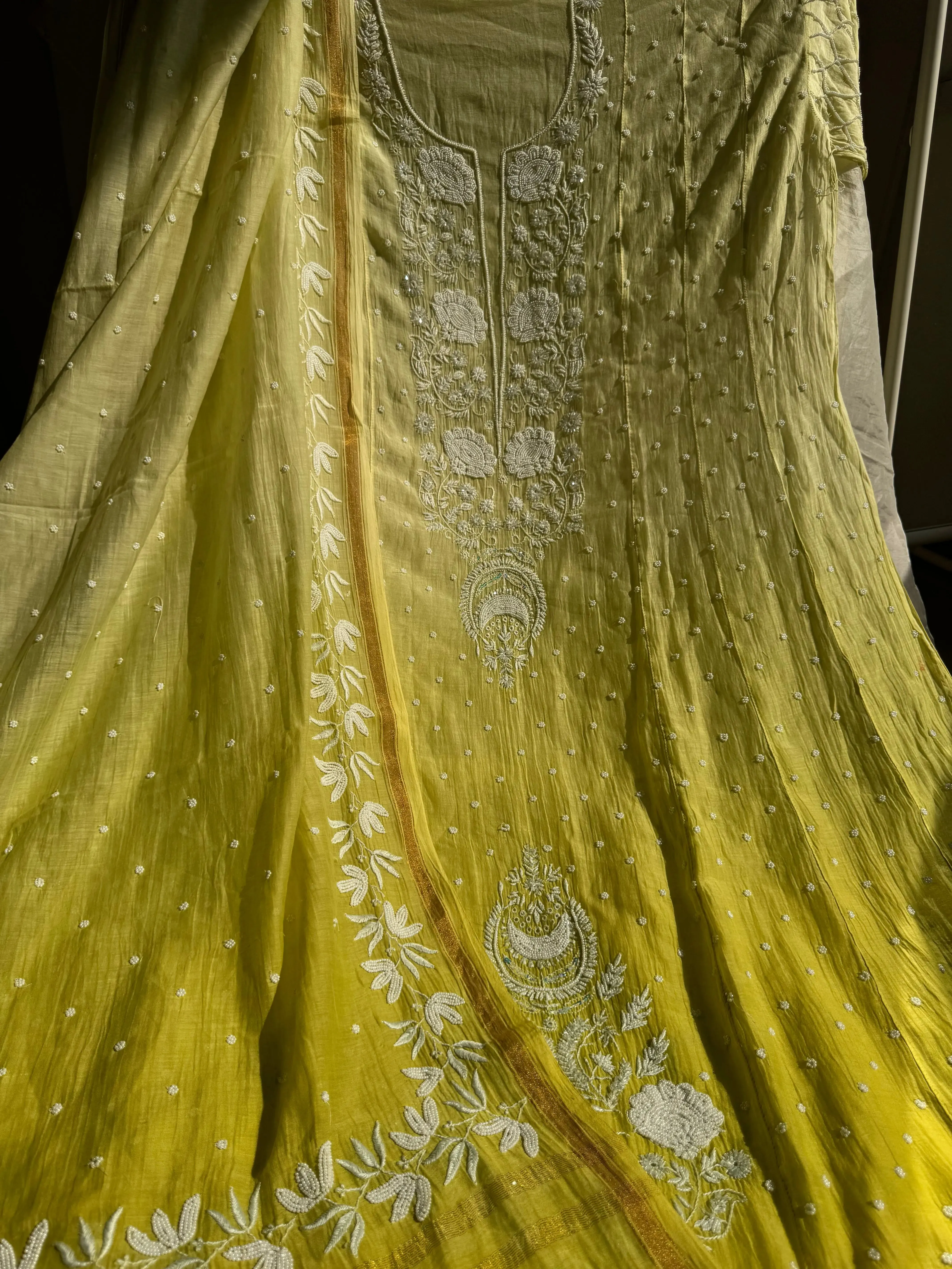 Mul Chanderi Chikankari Anarkali - Green Ombre