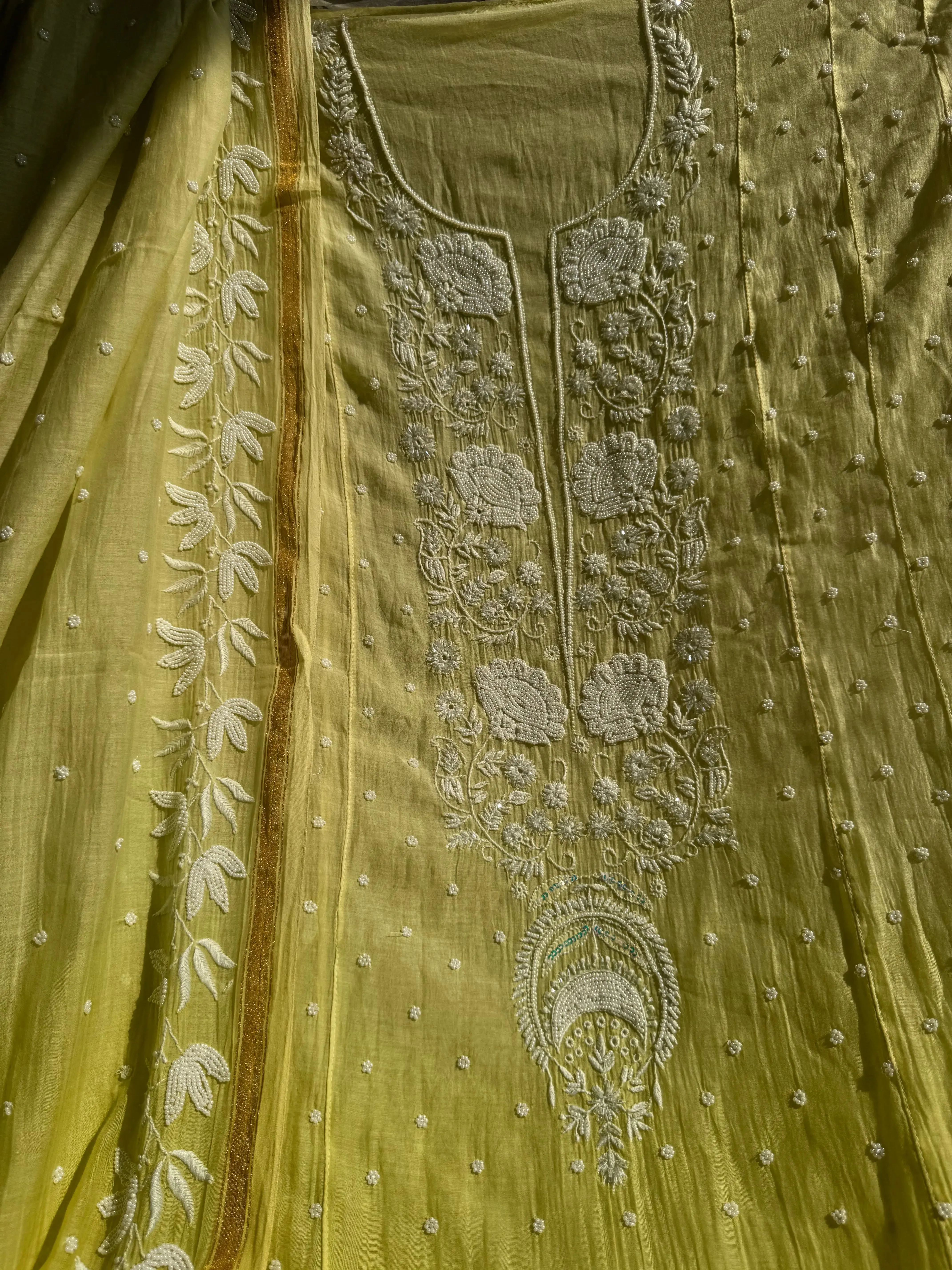 Mul Chanderi Chikankari Anarkali - Green Ombre