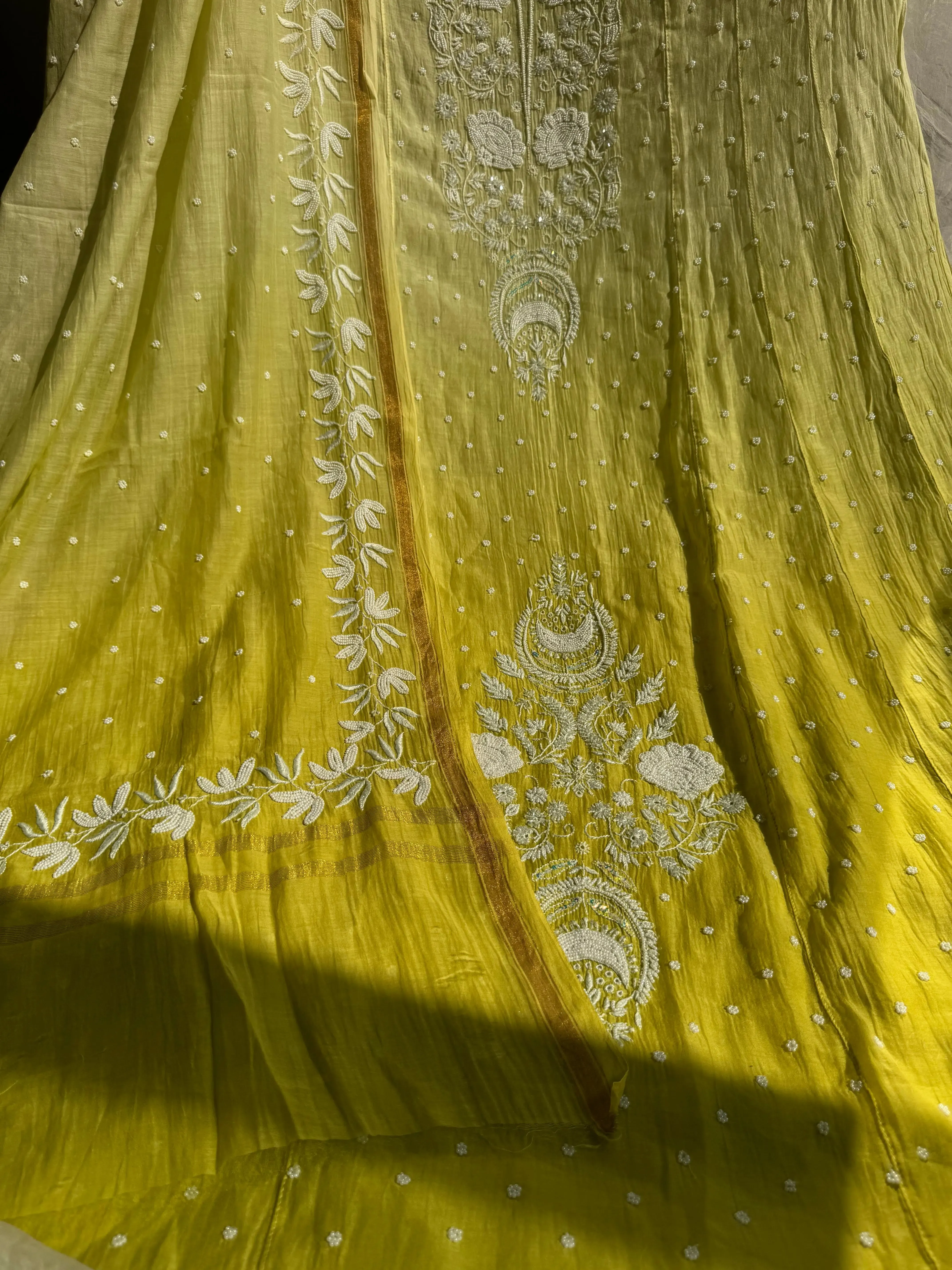Mul Chanderi Chikankari Anarkali - Green Ombre