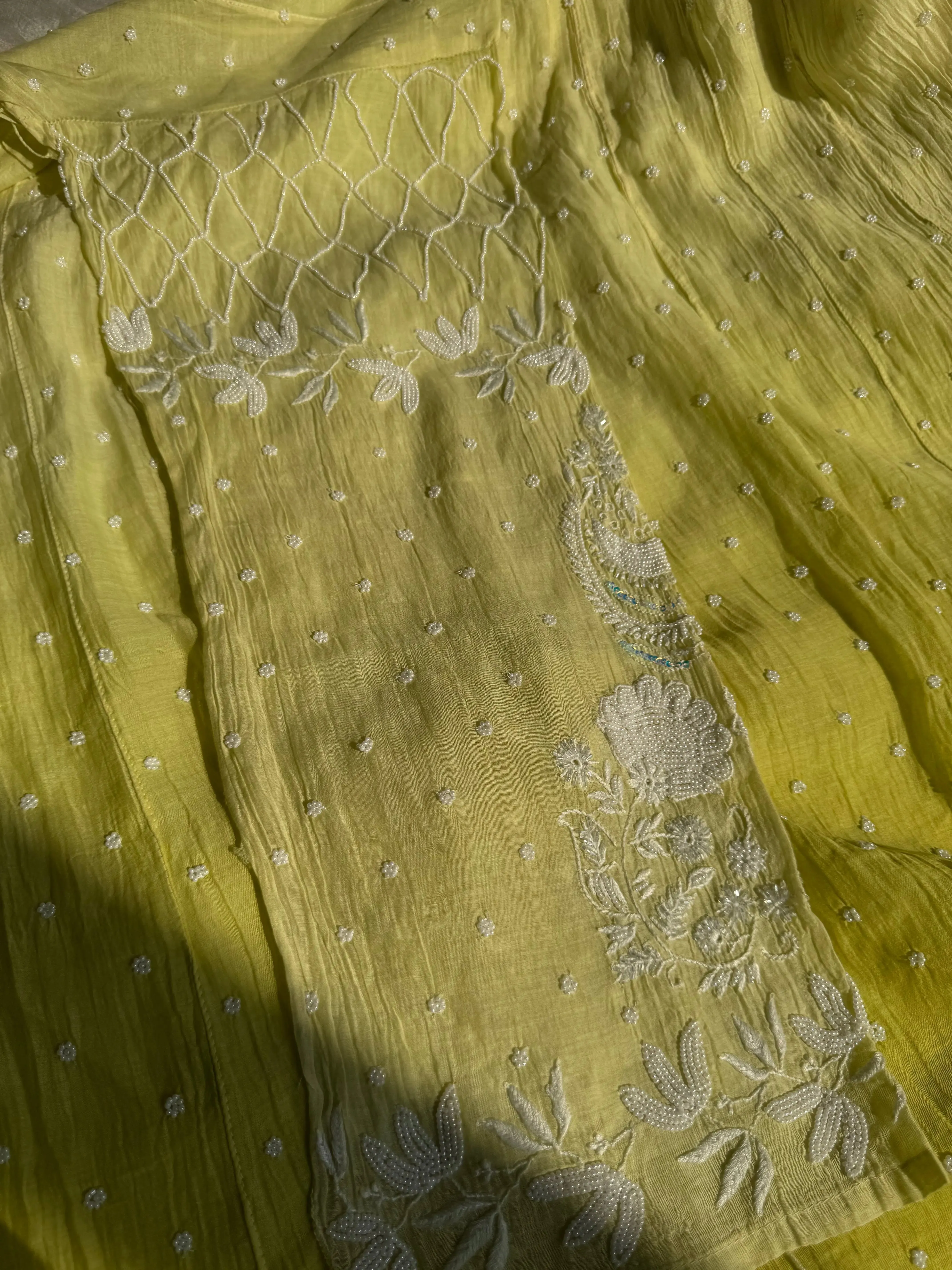 Mul Chanderi Chikankari Anarkali - Green Ombre