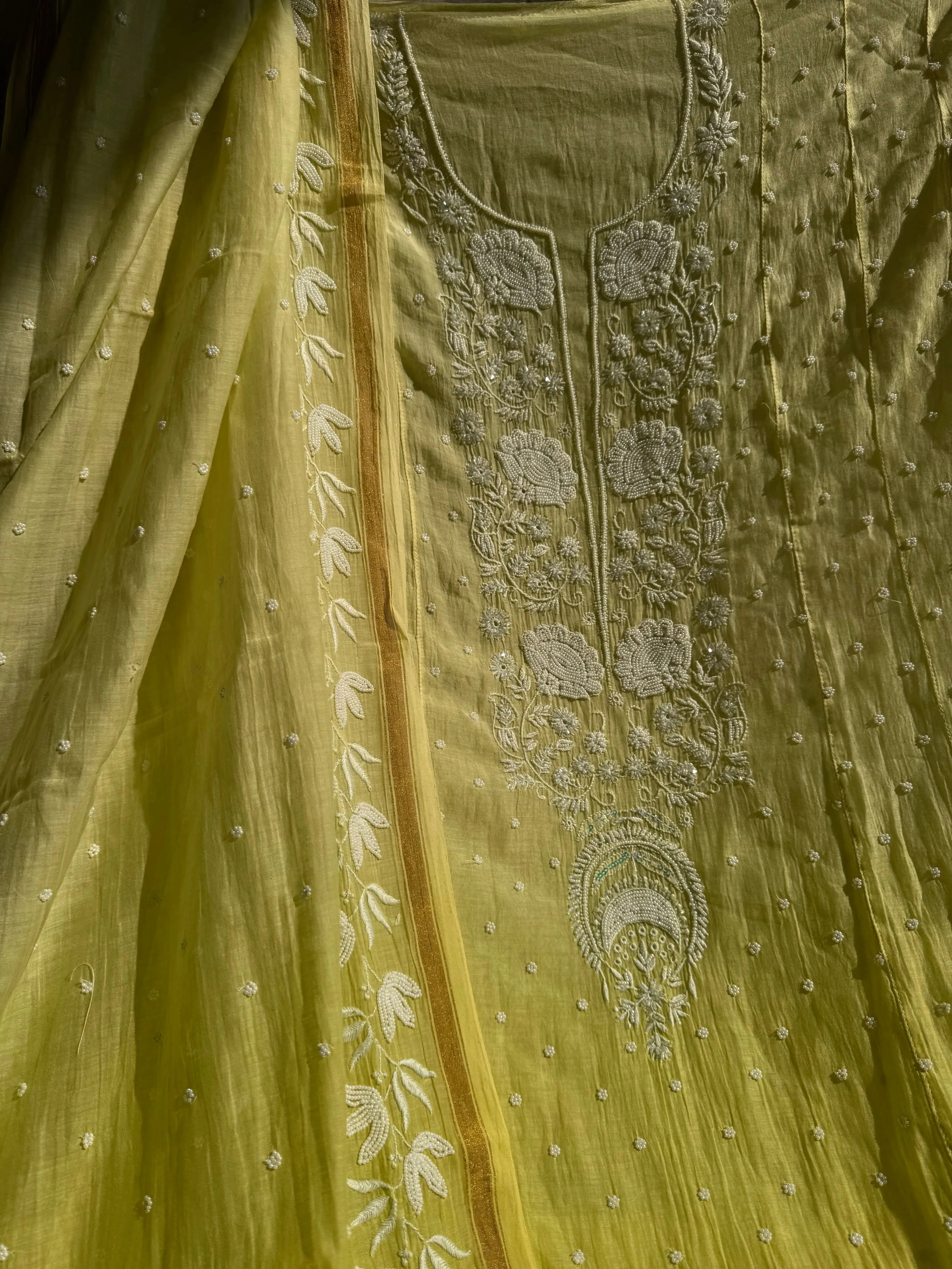 Mul Chanderi Chikankari Anarkali - Green Ombre