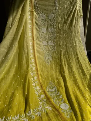 Mul Chanderi Chikankari Anarkali - Green Ombre