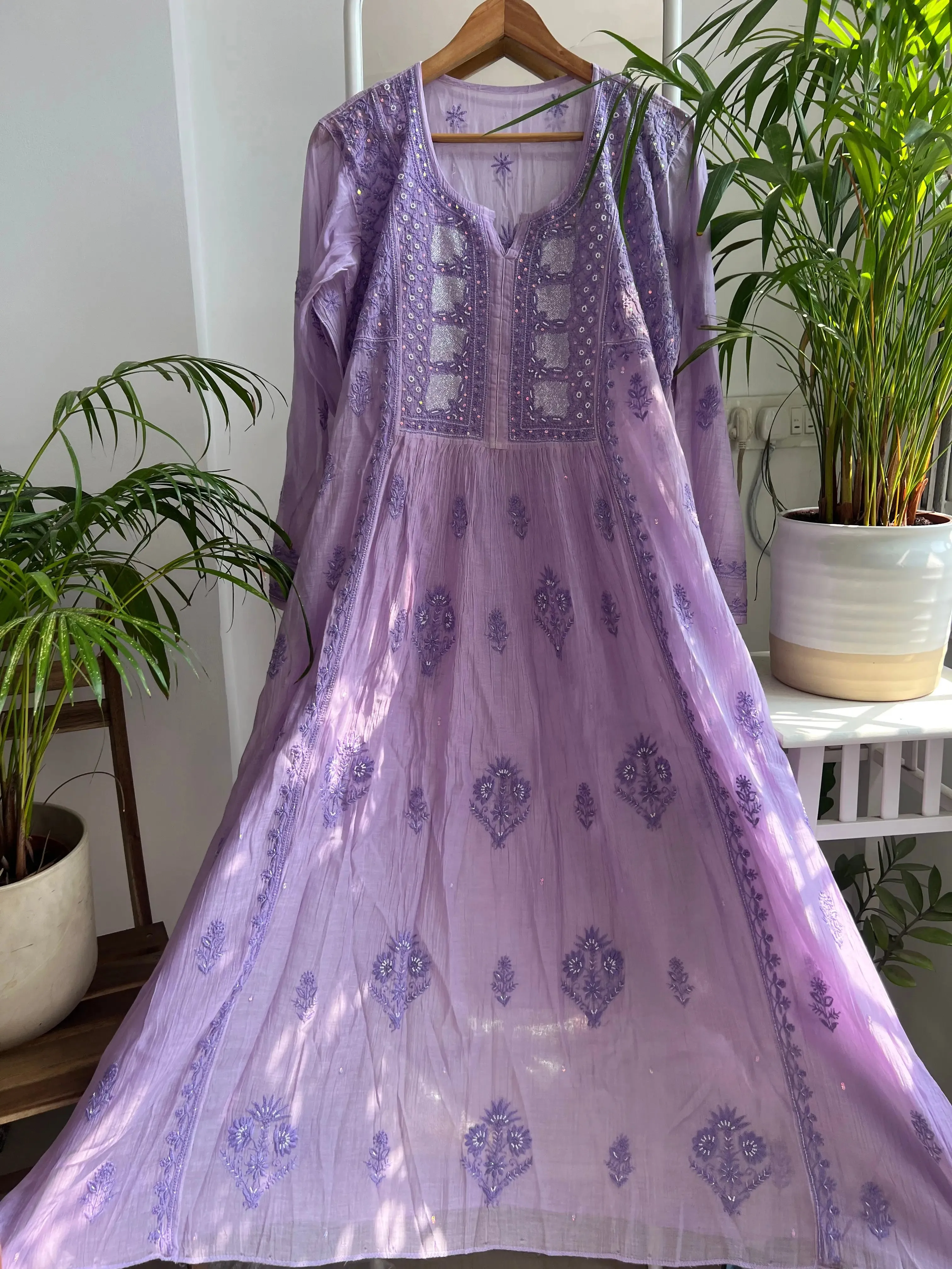 Mul Chanderi Chikankari Anarkali - Lavander