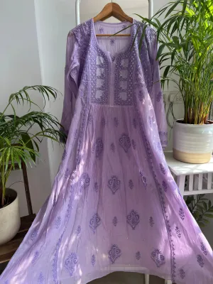 Mul Chanderi Chikankari Anarkali - Lavander