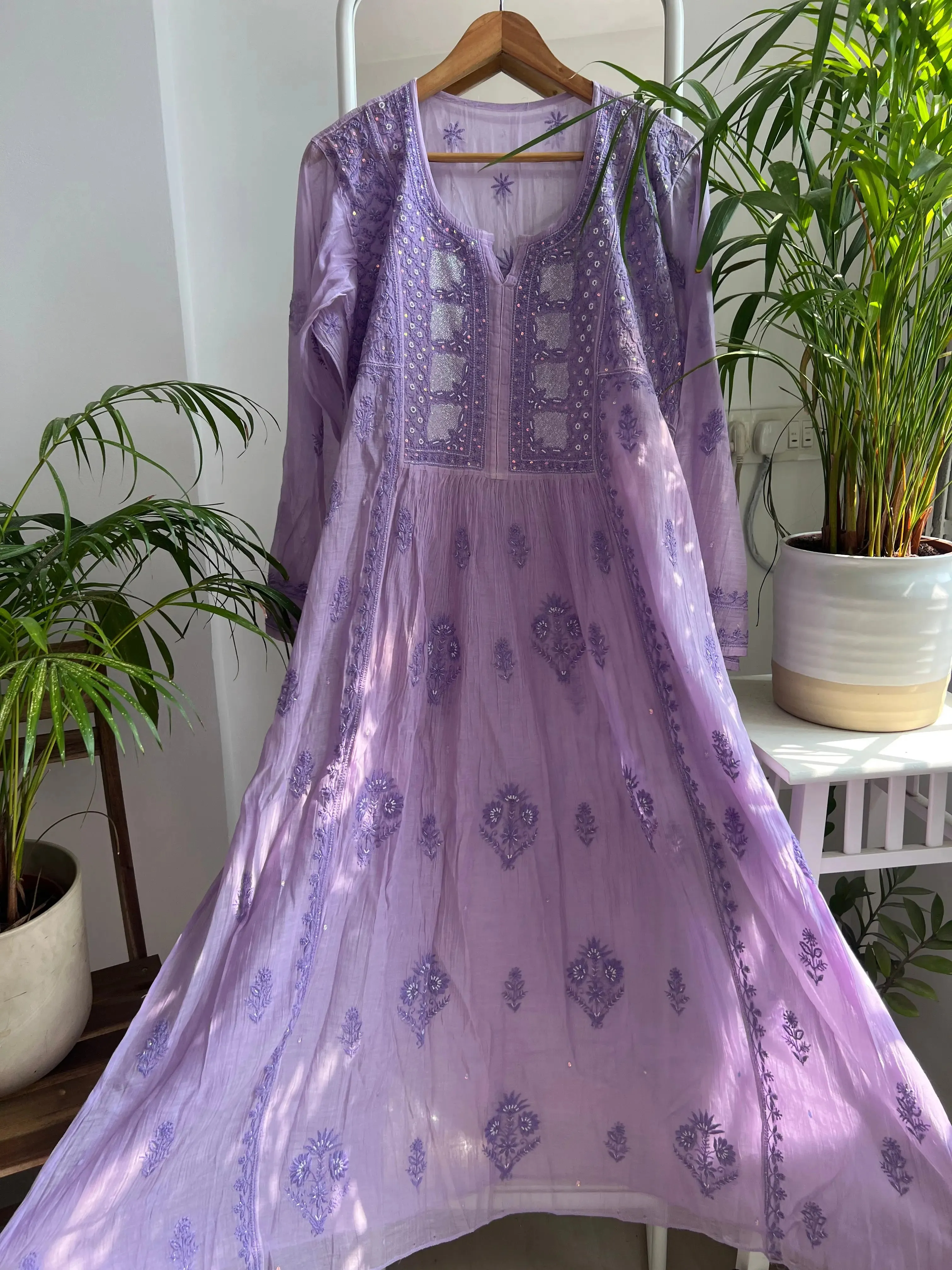 Mul Chanderi Chikankari Anarkali - Lavander