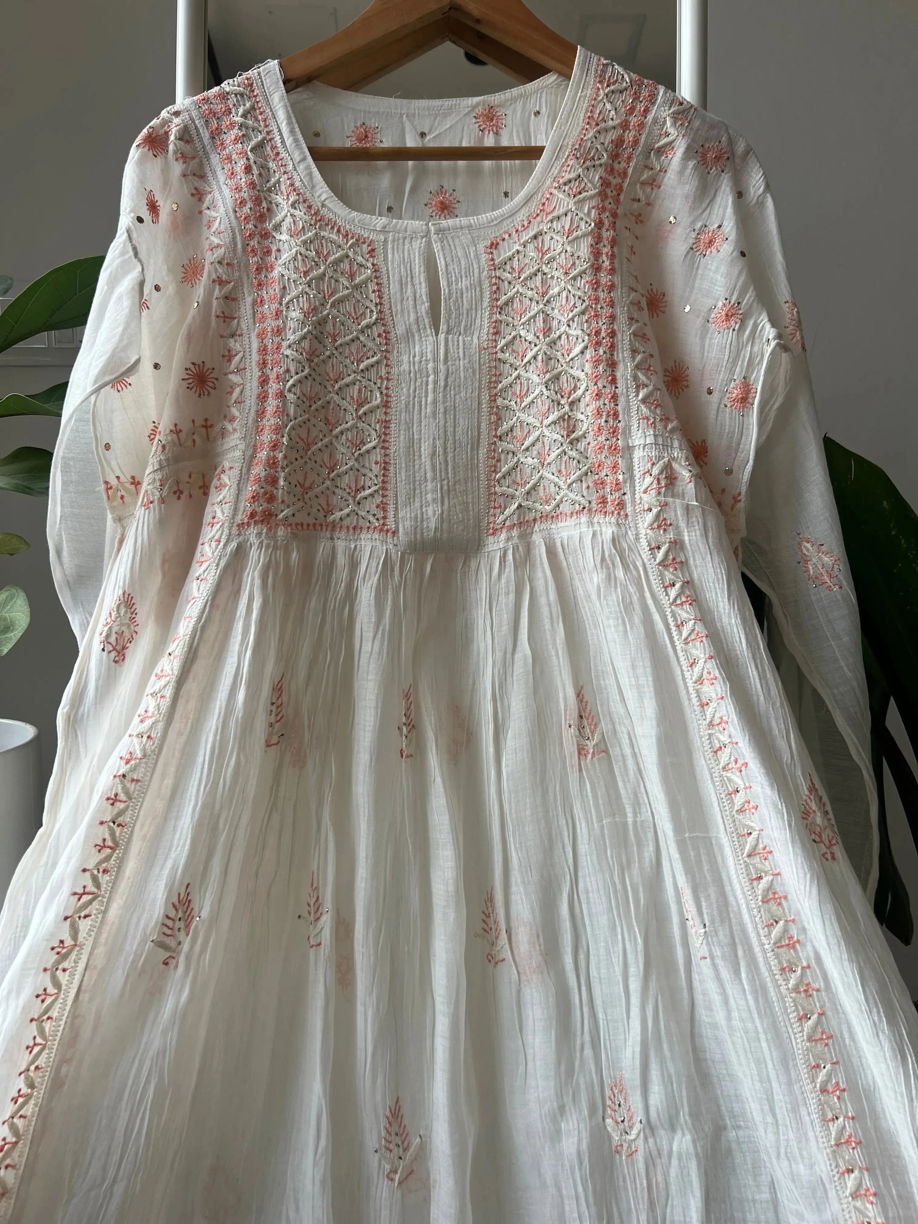 Mul Chanderi Chikankari Anarkali - Orange